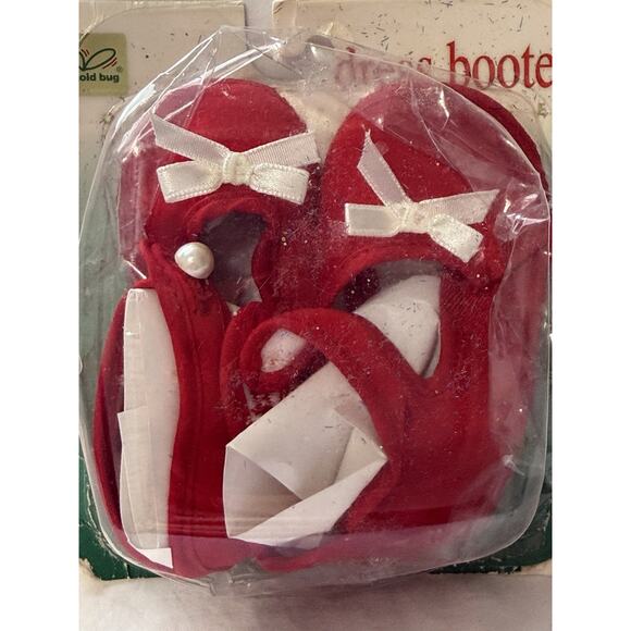 Vintage Gold Bug Holiday Favorites Red Dress Bootees Size 0-3m Red White Pearl - Picture 2 of 5